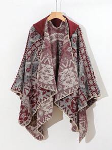 1pc Comfortable Geometric Color Block Jacquard Poncho Shawl - Multicolor - View 13