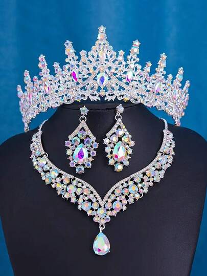 1 Set Bridal Fashion Jewelry Accessories, Elegant Colorful Crystal Crown, Necklace, Earrings 4pcs Wedding Jewelry Set, Suitable For Wedding Dress, Bridal Party, Celebration