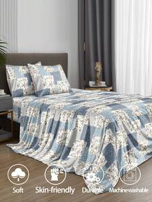 4件套波西米亚浅蓝色花卉拼接图案床单套装，包含1张床笠、1张床单和2个枕套（不含枕芯）。豪华床笠套装，适用于特大号、大号、标准双人床和单人床，床笠深口袋设计，枕套最大可达11.8英寸，柔软透气，不易起皱，提升睡眠质量，尽显奢华酒店风范，是送给父母、朋友的理想礼物。 - 藍色 - 查看 2