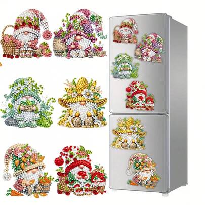 6pcs Diamond Art Fridge Magnets, Gnome Diamond Painting Decor, DIY Diamond Painting Magnet Kit For DIY Crafts, Gifts, Fridge, Mailbox Decoration