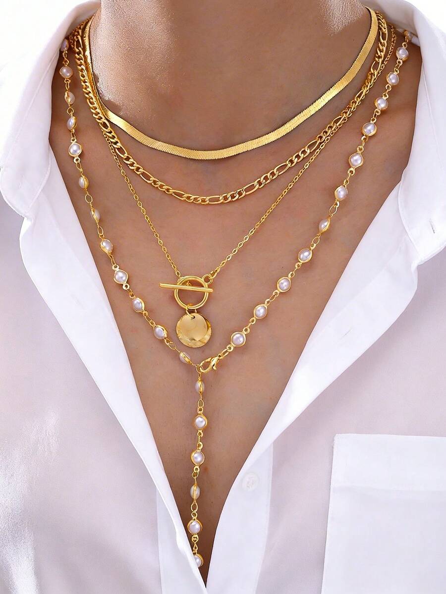 Bộ 4 dây chuyền mặt ngọc trai giả tối giản thời trang hình chữ Y, đa năng cho kỳ nghỉ, tiệc tùng và đeo hàng ngày.
