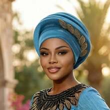 Women African Hat, Elegant Pleated Leaves Turban Hat Head Wrap Fashion Accessories - 湖藍色 - 查看 3