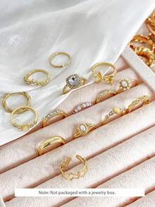 15pcs/Set European And American INS Style Imitation Gem Rings, Faux Pearl Flower Geometric Crystal Bowknot Ring Set - Gold - View 2
