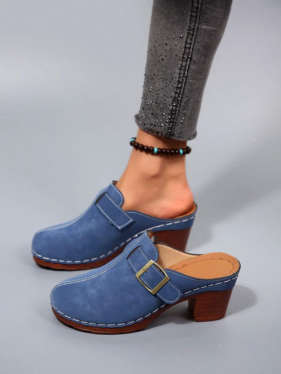 优雅女士新款高跟拖鞋，时尚百搭的无后跟搭扣设计，适合日常休闲穿着及各种场合。 - 海軍藍 - 查看 1