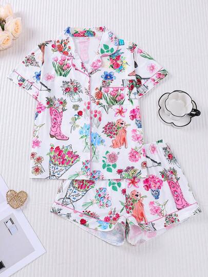 Marira 2pcs Floral Print Sleepwear Set For Women, Soft Fabric, Short Sleeve Shirt Collar Button Blouse And Elastic Shorts, Stylish Outfit Suitable For Outdoor, Party, Holiday, Casual Wear, All Season