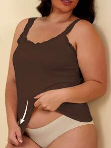 1pc Women Plus Size Solid Color Lace Trim Decor Round Neck Sleeveless Camisole Tank Top - Coffee Brown - View 6