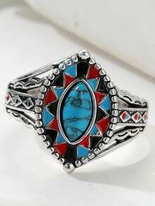 Nhẫn nữ phong cách Bohemian đính đá mắt ngựa, trang sức nghệ thuật cổ điển kiểu Âu và Mỹ đính đá ngọc lam tổng hợp, nhẫn tráng men thủ công. - Nhiều màu - Xem 4