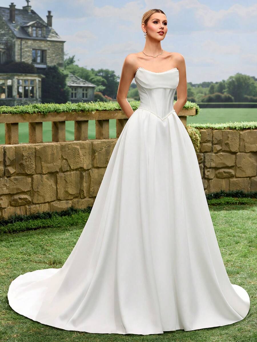 Elegant, Noble And Cute White Satin Faux Pearl Decor Style A-Line White Wedding Dress Bridal Gown With Train Spring