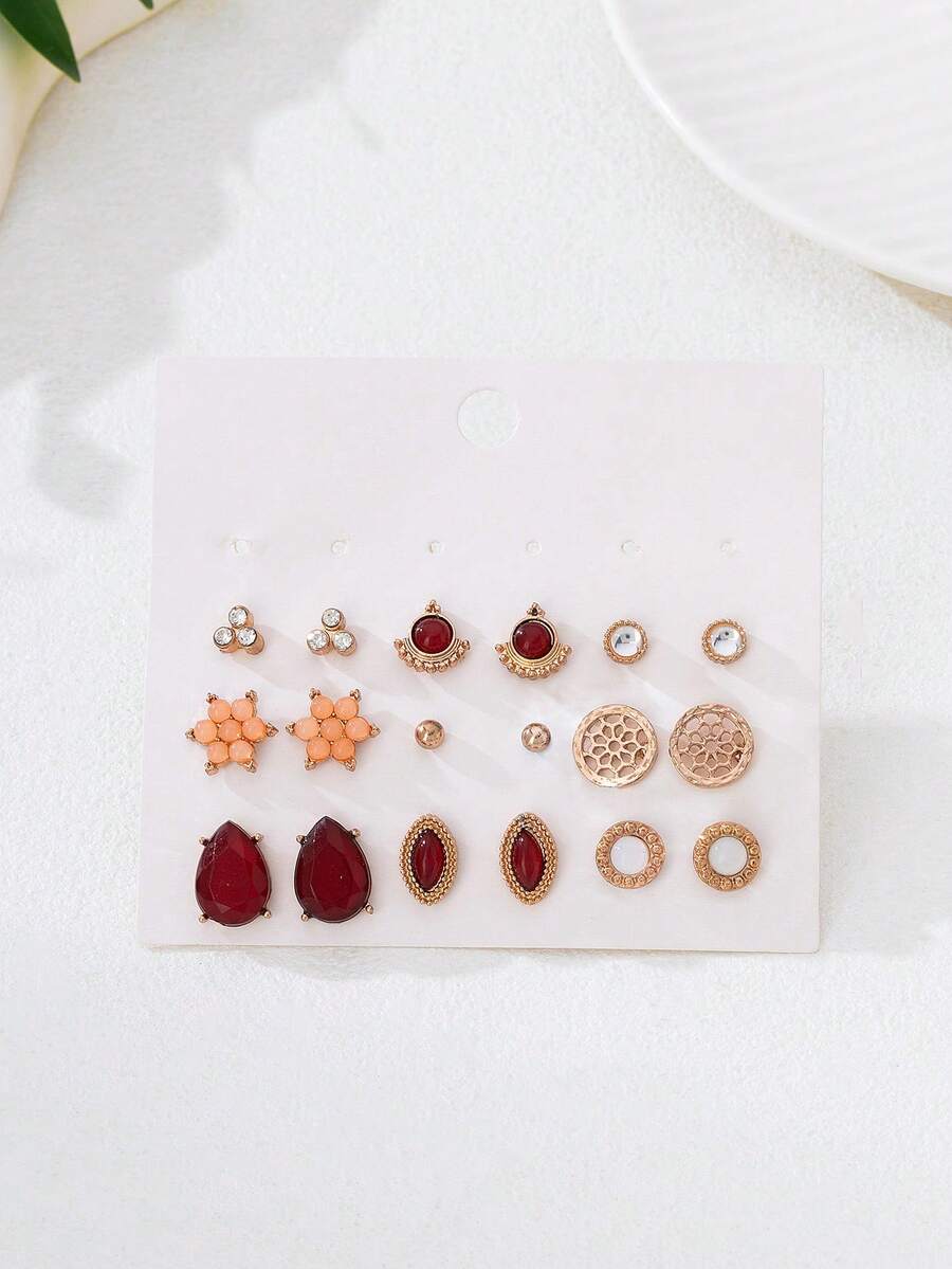 18pcs Red Tone Minimalist Elegant Earring Set, Versatile Styles Suitable For Women's Daily Wear, Parties, Dates - Earring Set - View 1
