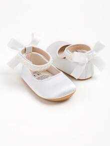 Newborn Baby Girls' Mary Jane Flats, Bow Decor, Non-Slip Soft Bottom PU Leather Infant Prewalker Shoes, Pearl Ribbon - White - View 7