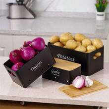 3pcs Black/White Onion, Potato, Garlic Storage Containers With Ventilation Holes And Bamboo Lids, Kitchen Organization, Stackable, Hand Wash, Reusable, Durable - Multicolor - View 5