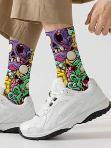 1 Pair 360 Men's Socks – Fun All-Over Print Featuring Skull ,Soft, Comfortable, And Highly Elastic, These Fashionable Casual Streetwear Hip-Hop 360 Socks Are Perfect As Compression Gear, Valentine's Day Socks, Or Loose Maternity Socks. - Multicolor - View 2