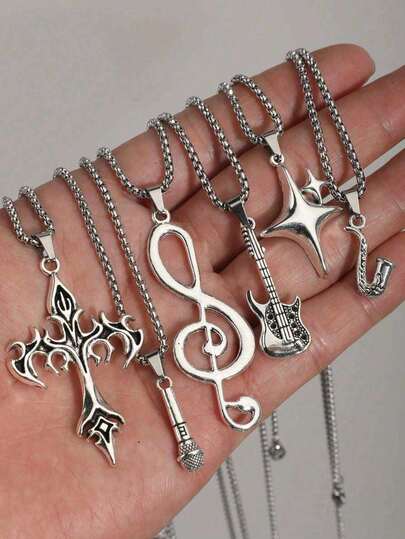 6pcs/Set Vintage Gothic Punk Guitar, Music, Microphone, Star, Flame, Spiral, Heart Pendant Necklace Set For Men, Includes 6 Mixed European Baroque Cross Pendant Necklaces, Suitable For Christmas, New Year, Music Festival, Valentine's Day And Other Holidays