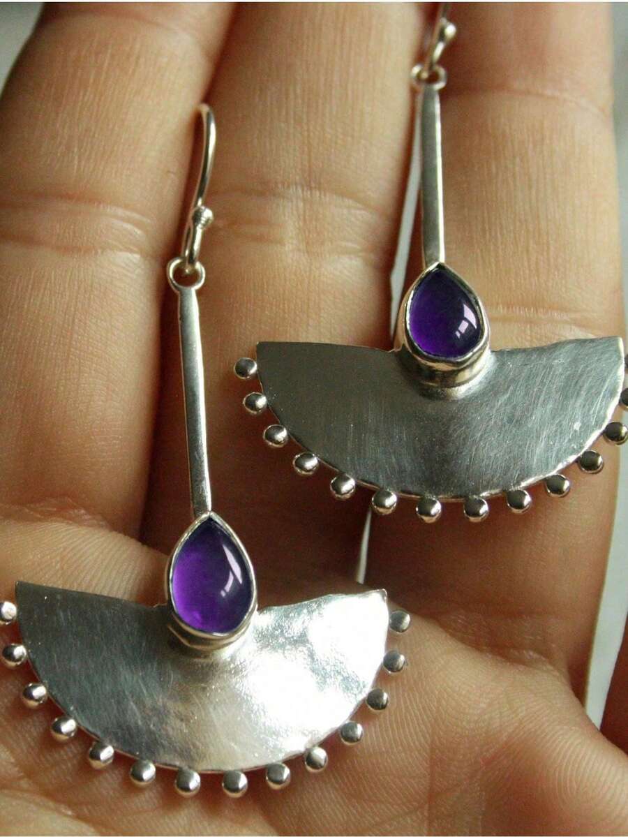 2件套优雅紫色水滴形仿宝石波西米亚风银色长吊坠耳环，适合派对、婚礼、日常佩戴