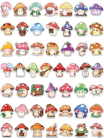 50PCS Cartoon Mushroom Stickers Pack Cute Colorful Mushroom People Waterproof Vinyl Decals For Water Bottles Hydro Flash Laptop Computer Phone Car Luggage Decoration Stickers
