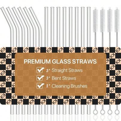 7-Pack Glass Straw Set,, Reusable Clear Glass Drinking Straws Set, 8.5 Inch X 10mm - Includes 3 Straight And 3 Bent With 1 Straw Cleaner Brush, Coffee Stirrers, Beverage Accessories Suitable For Milkshakes, Smoothies, Bubble Tea, Iced Coffee, Great For Home, Kitchen, Party, Bar, Bubble Tea Shop, Home Decor, Bedroom Decorc
