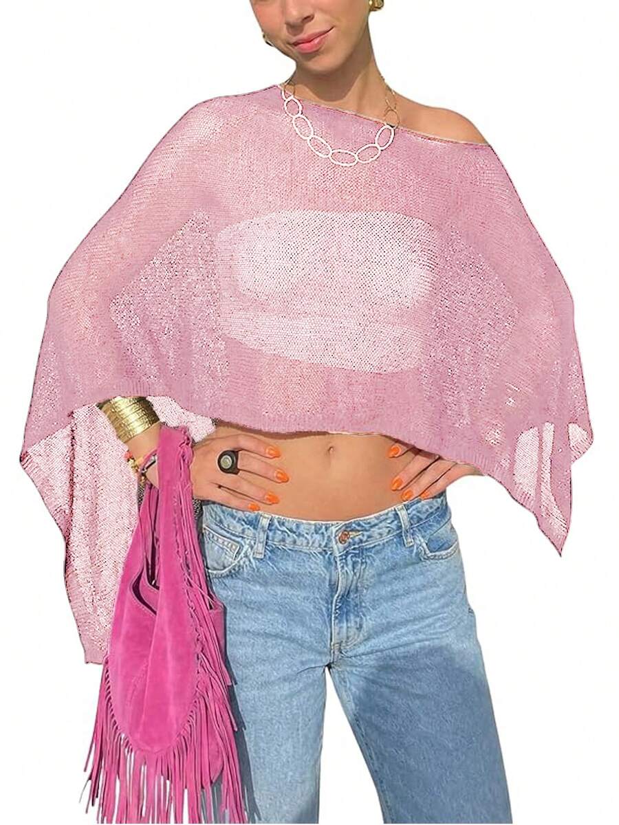 Women Sheer Mesh Poncho Top Crochet Knit Lightweight See Through Shawl Wrap Summer Oversized Loose Shrug Beachwear Swimsuit Bikini Cover Ups - 粉色 - 查看 1