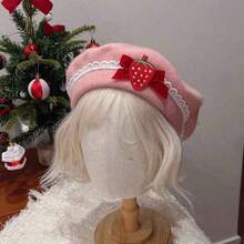 1Pcs Early Autumn Strawberry Wool Beret Hat, New Cute Sweet Versatile Pink Beret Hat With Shiny Bohemian Charm - Hồng - Xem 1
