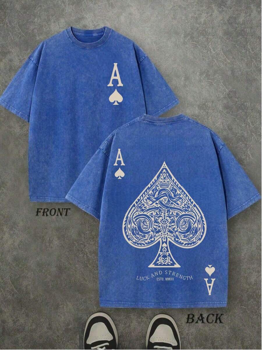 Vintage Washed T-Shirt Double Sided Printed (230g Pure Cotton T-Shirt), Intricate Spade A Poker Pattern Print, Comfortable, Fashionable T-Shirt, Street Style Cotton - 藍色 - 查看 1