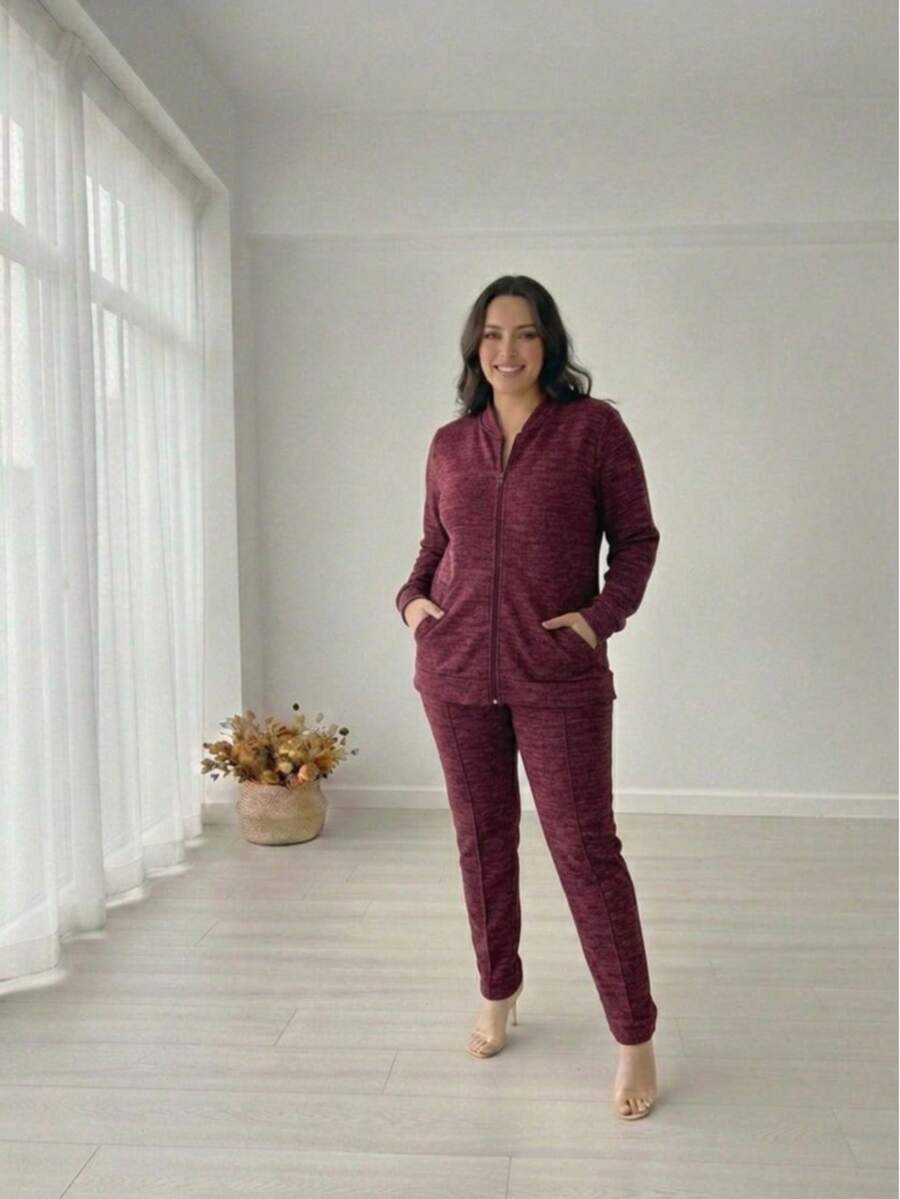 Traditional Ribbed Wool Set For Women - Burdeos - Ver 1
