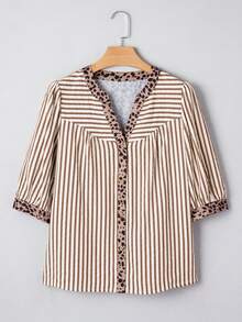 Acelitt Brown Striped & Leopard Print V-Neck Button Casual Short Sleeve Shirt, Spring/Summer - Multicolor - View 3