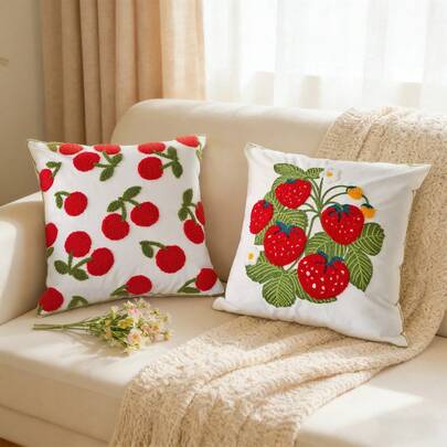 18x18 Inch Strawberry & Cherry Embroidered Pillow Cover, Farmhouse Fruit Pattern Soft Decorative Throw Pillow Case For Living Room, Bedroom, No Filling Included