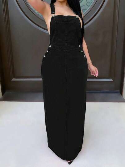 Plus Size Sleeveless Dark Denim Maxi Pinafore Dress With Gold Buttons Non Stretch Fabric