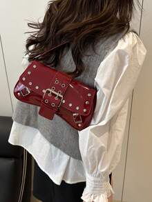 时尚纯色铆钉装饰腋下翻盖单肩包，适合购物、携带钱包、年轻女性、大学生、新婚夫妇、白领人士使用。也适合办公室、学校、工作、商务、通勤、户外活动、旅行、郊游等各种场合。 - 酒紅色 - 查看 3