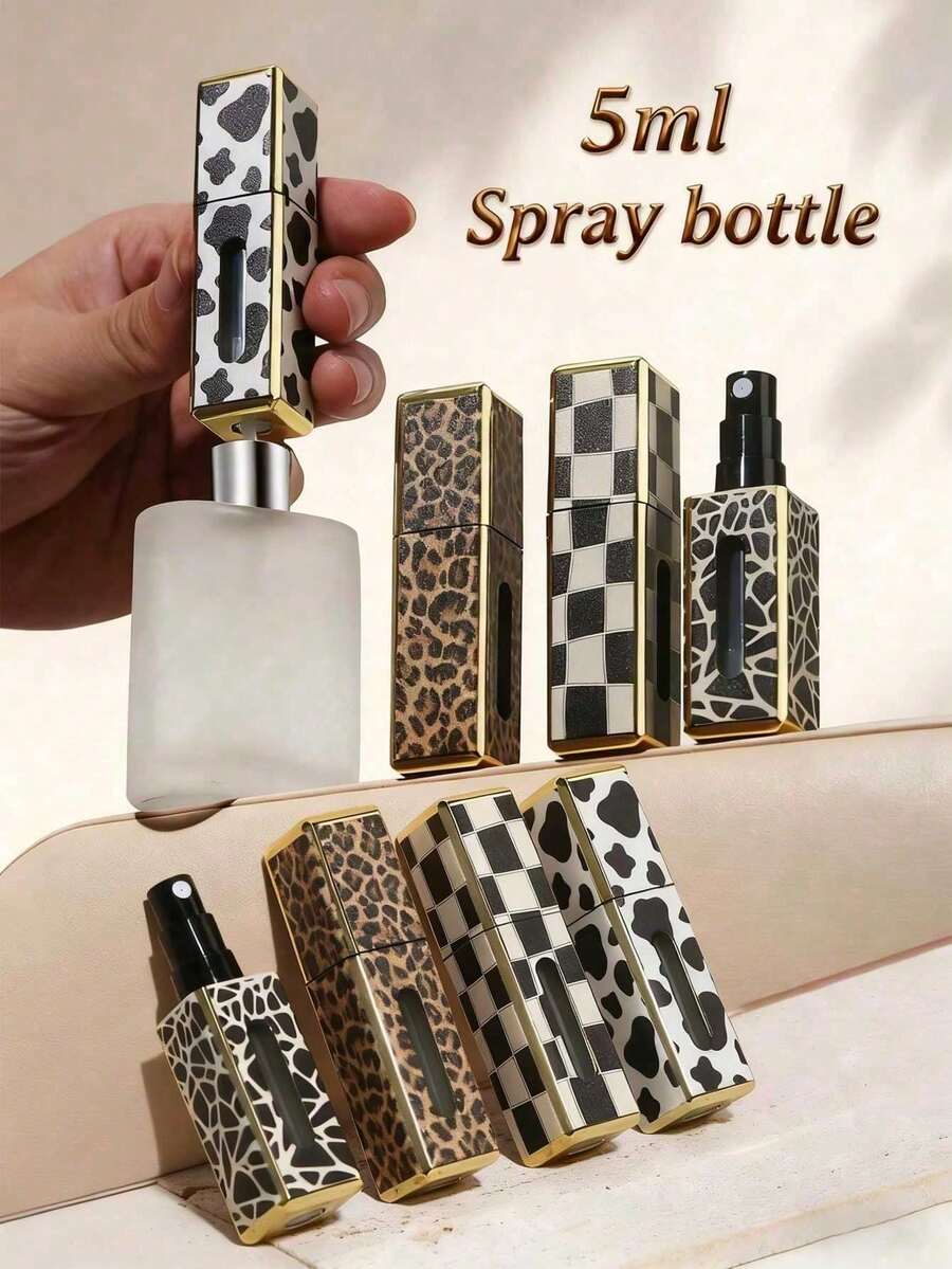 Leopard Print Square Perfume Refill Bottle, Portable Refillable Perfume Spray Bottle With Leopard And Floral Pattern, Mini Travel Spray Bottle. Portable Travel Refillable Perfume Bottle, Square Decanting Bottle, Spray Bottle. Reusable. Liquid Separation Bottle - Multicolor - View 1
