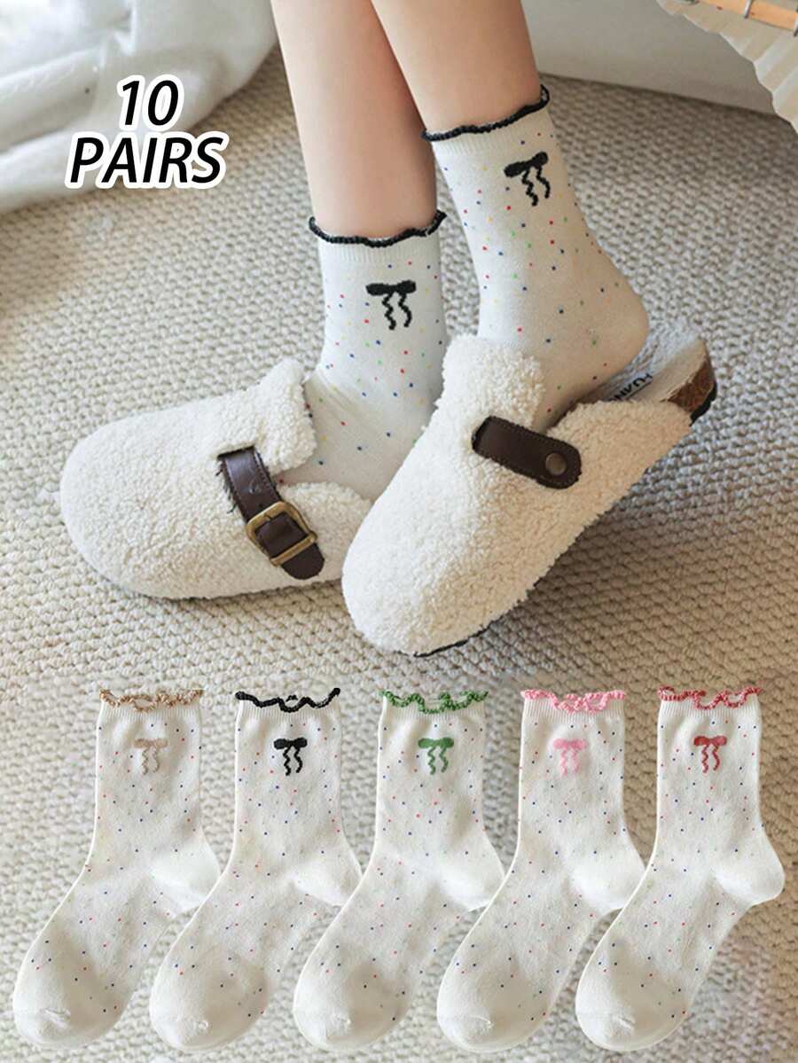5/10 Pairs Women's Thin Crew Socks, Spring/Summer, Bow Cuff, Cute Lace Ruffle, Moisture-Wicking, Odor-Resistant, Student Socks - Multicolor - View 1