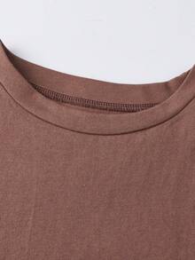 Womens Summer T Shirt 3/4 Length Sleeve Crew Neck Lace Patchwork Hem Casual Loose Fit Tops - 咖啡色 - 查看 8