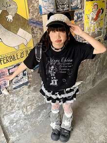 2026夏季新款女式圆领休闲宽松动漫印花Y2K街头风百搭甜美学院风短袖T恤，1件装 - 黑色 - 查看 2