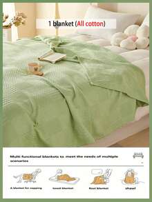 1pc Soft & Comfortable New Waffle Gauze Blanket - 100% Pure Cotton, Skin-Friendly, Solid Color, Suitable For Bed, Sofa, Pillow - Perfect For Relaxation And Snuggling - Quietly Weaving Words In Light Green - View 7