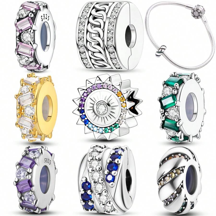 1 Pc Fashion Multi Element Sparkling Beads Dangle Charm Silver Plated Fit Bracelet Necklace DIY Holiday Gift - Multicolor - View 1