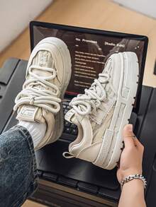 男士滑板鞋，帆布厚底休闲运动鞋，学生鞋 - 米色 - 查看 4