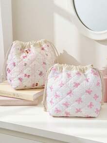1 Piece Pink Bow Pattern Drawstring Cosmetics Pouch Foam Quilted Makeup Bag Stylish Skincare Storage Bag Retro Floral Print Drawstring Makeup Pouch Large Capacity Makeup Brushes Organizer Bag Lovely Cherry Print Tissue Paper Organizer Bag Girls'Accessories Storage Bag Drawstring Travel Toiletry Bag Dust Proof Storage Bag Portable Drawstring Closure Pouch Stationery Jewelry Organizer Bag Travel Pouch,Sundries Storage Bag Back To School Essencial - Multicolor - View 3