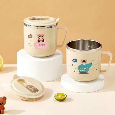 1pc 270ml Mini Cute Capybara Milk Mug, Children's Water Cup With Straw & Handle, Sealed Leak-Proof 316 Stainless Steel Straw Cup, Portable Double-Wall Thermal Insulated Tea Milk Coffee Cup, Anti Scalding Drinking Cup Drinkware, Suitable For Student And Adult Use In Home, School, Office, Party, Camping, Picnic