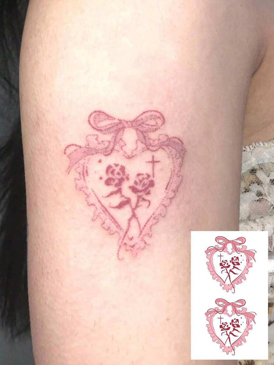 1张Y2K时尚甜美少女蕾丝爱心纹身贴纸，蝴蝶玫瑰图案，防水持久简约贴纸 - 彩色 - 查看 1