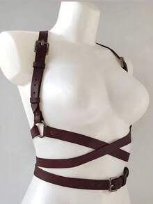 1pc Women's Elegant Coffee Color PU Leather Bustier Waist Harness Body Strap Street Style Suitable For Daily Commute Matching - Coffee Brown - View 4