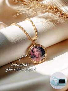 Customized Personalized Round Floral Color Photo Necklace, Hidden Photo Projection Jewelry For Women, Anniversary Graduation Birthday Jewelry Gift - Gold - View 2