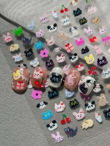 1 Sheet Cute & Healing Nail Art Stickers, Featuring Adorable Animals Like Cats, Rabbits, Pandas, Frogs, Puppies, Paired With Sweet Elements Like Cherries, Flowers, Bows, Gift Boxes, Cakes, Bottles, Suitable For Daily, Date, Party And Summer Outfits Manicure - Multicolor - View 4