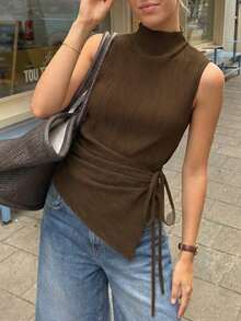 女士优雅高领褶裥系腰无袖衬衫，咖啡色，简约时尚，适合夏季日常通勤 - 咖啡棕 - 查看 4