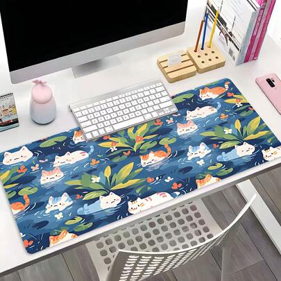 Cute Cats In Water Large Gaming Mouse Pad, Aesthetic Desktop Protective Pad, Washable Rubber Pad Non-Slip Lock Edge Multi-Size Mouse Pad Suitable For Home Office, Good Gift For Family And Friends