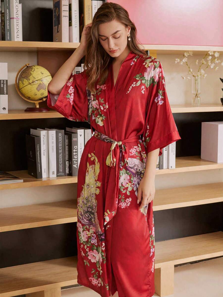 歐美復古寬鬆大尺碼中長版波希米亞孔雀印花和服式罩衫,夏季海灘比基尼泳衣外穿罩衫,浴袍 - 紅色 - 查看 1