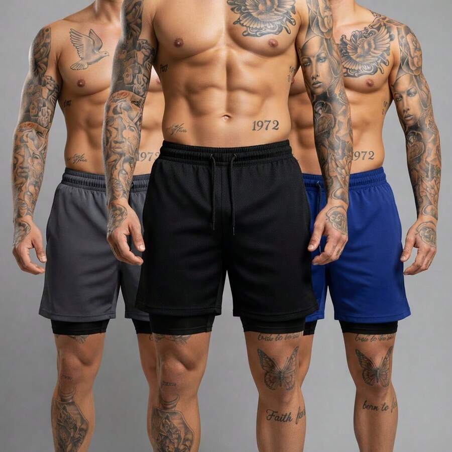 Kit Of 3 Short 2-In-1 Dry Fit Lined Men's Gym Shorts For Running And Training With Elastane - Negro/Plomo/Azul Real - Ver 1