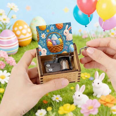 复活节兔子与彩蛋手摇木质音乐盒 – 复古雕刻装饰，春季礼物及家居摆件