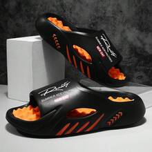 Men's Fashionable Letter Printed Slippers With Thick Sole, Increased Height, Anti Slip, Wear-Resistant, Breathable, Oversized Cool Slippers For Indoor And Outdoor Leisure, Sports Gatherings, Parties, Beaches, One Foot Slippers - 黑色 - 查看 1