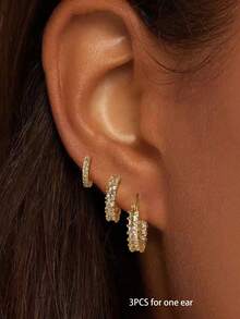 3件套女士闪亮立方氧化锆耳环，优雅小巧圆形耳骨夹式耳环，镀金时尚日常佩戴穿刺饰品配件礼品 - 金色 - 查看 5