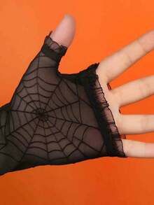 1 Par de Luvas Sem Dedos Longas Estilo Gótico Punk com Teia de Aranha para Mulheres, Mangas de Proteção Solar com Renda para Esportes ao Ar Livre e Ciclismo - Preto - Visão 5