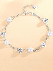 1pc S925 Sterling Silver Elegant Luxurious Pearl & Crystal Ball Double-Layer Bracelet, Gift For Women, Party & Wedding - Silver - View 7